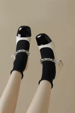 Black and White Color-Blocking Pearl Buckle Mary Jane Chunky High Heels for Women - Trendy Internet Celebrity Style