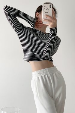 Black and White Striped Fitted Long Sleeve T-Shirt for Women, Knitted Autumn Winter Top, Casual Ins Style
