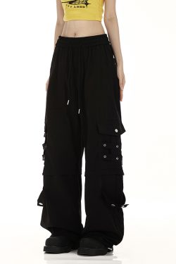 Black Cargo Pants for Women - Summer Trendy Wide-Leg Hip-Hop Style with Multi-Pockets - Casual Street Dance Fashion