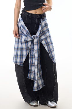 Black Deconstructed Patchwork Washed Wide-Leg Jeans for Women - Vintage American Streetwear, Versatile Curved Blade Design