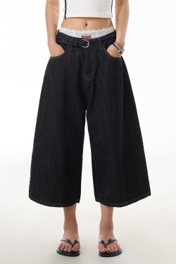 Black Denim Three-Quarter Jeans for Women - Summer Loose Wide-Leg Pants, Versatile Mid-Length Slimming Shorts, Y2K Style
