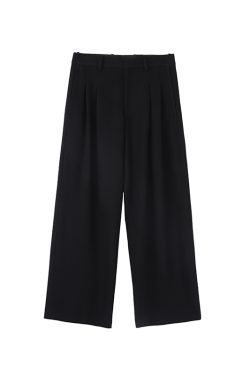 Black Double-Pleated Draped Trousers with Three-Dimensional Silhouette for Commuting - Chic 90s-Inspired Fashion Essential