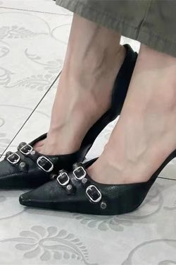 Black Genuine Leather Rivet High Heels for Women, Punk Style Thin Heels with Buckle, Sexy Dominatrix Shoes for 2024