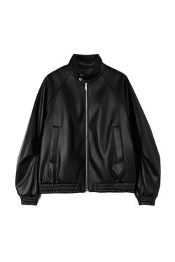 Black Harrington Jacket for Men - Autumn Winter PU Leather Coat in Stylish 90s Vintage Design