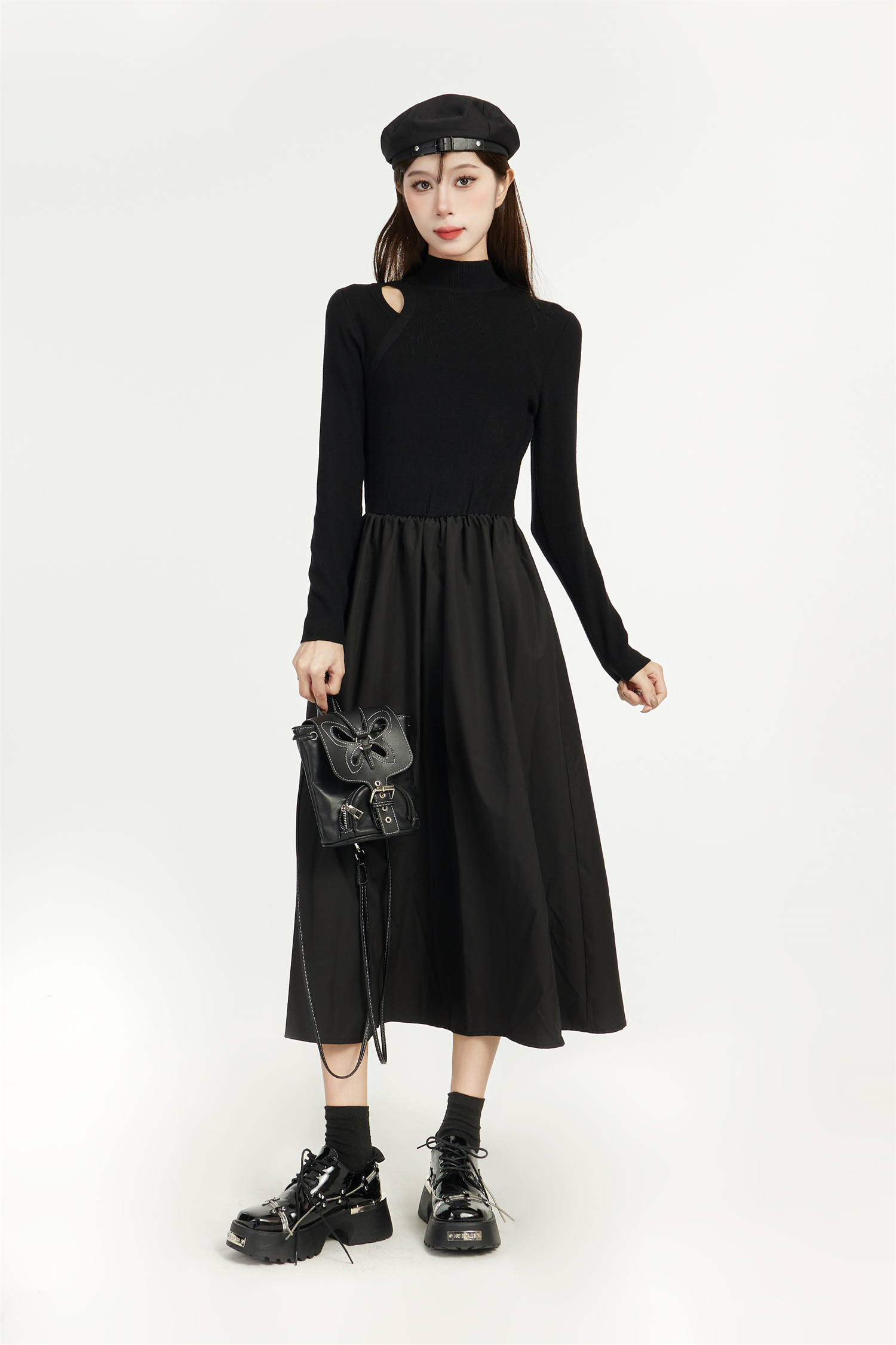 Black Knitted Hepburn Style Dress for Women - Spring Long Dress for Petite Figures with Inner Layer - Elegant Fashion