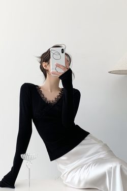 Black Knitted Long Sleeve Sweater for Women - Slim Fit Lace Design Top for Winter - Trendy Hot Girl Style