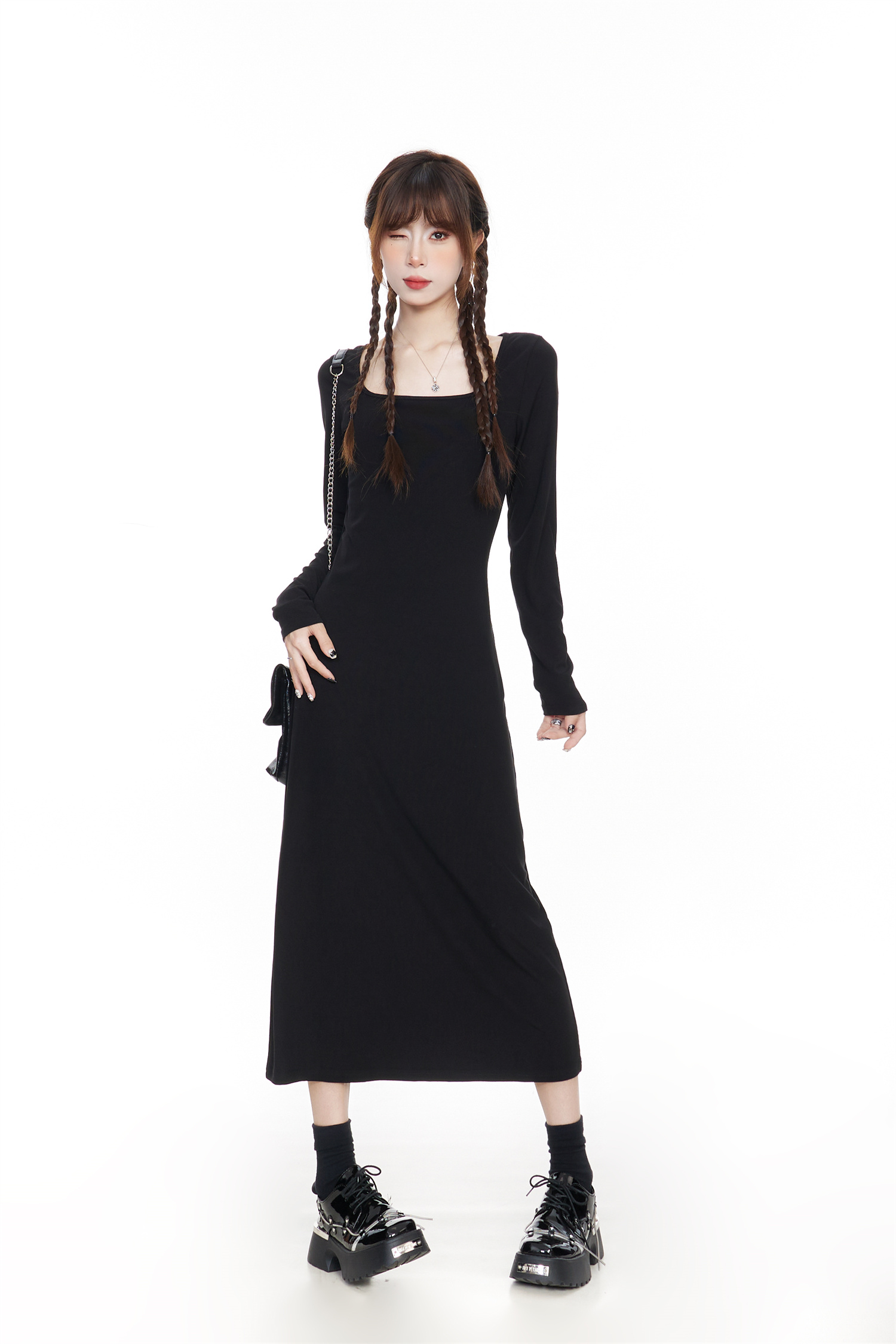 Black Knitted Square Neck Dress for Women - 2025 Spring French Style Long Sleeve Dress, Perfect for Layering with Coats