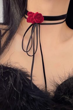 Black Lace-Up Rose Necklace Choker for Hot Girls - Vintage Collarbone Chain Jewelry with Lace Neck Strap, Perfect for Y2K Fashion