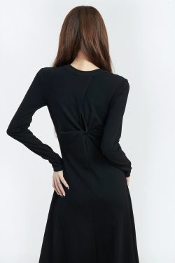 Black Long Sleeve A-Line Dress for Women - Round Neck, Knee-Length, Slim Fit, Large Hem, Spring 2025 Fashion Essential