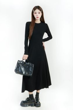 Black Long Sleeve A-Line Dress for Women - Round Neck, Knee-Length, Slim Fit, Large Hem, Spring 2025 Fashion Essential