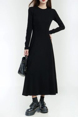 Black Long Sleeve A-Line Dress for Women - Round Neck, Knee-Length, Slim Fit, Large Hem, Spring 2025 Fashion Essential