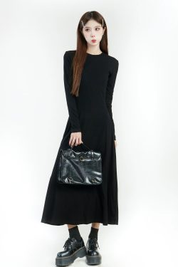 Black Long Sleeve A-Line Dress for Women - Round Neck, Knee-Length, Slim Fit, Large Hem, Spring 2025 Fashion Essential