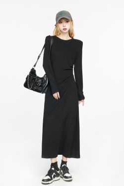 Black Long Sleeve Basic Dress for Women - 2025 Spring High-End Knitted Fitted Jumpsuit Style