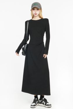 Black Long Sleeve Basic Dress for Women - 2025 Spring High-End Knitted Fitted Jumpsuit Style