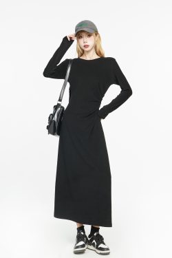 Black Long Sleeve Basic Dress for Women - 2025 Spring High-End Knitted Fitted Jumpsuit Style