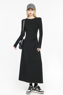 Black Long Sleeve Basic Dress for Women - 2025 Spring High-End Knitted Fitted Jumpsuit Style