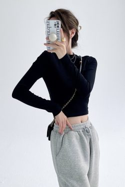 Black Long Sleeve High-Waisted Crop Top - Slim Fit Midriff-Baring T-Shirt for Spring 2025 - Korean Style Sexy Fashion