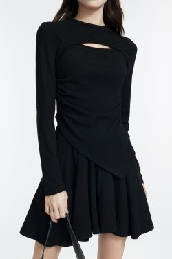 Black Long Sleeve Hollowed-Out Top and Short Skirt Two-Piece Set for Women - Irregular Design, Trendy Autumn Style