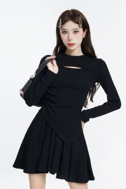 Black Long Sleeve Hollowed-Out Top and Short Skirt Two-Piece Set for Women - Irregular Design, Trendy Autumn Style