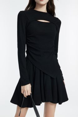 Black Long Sleeve Hollowed-Out Top and Short Skirt Two-Piece Set for Women - Irregular Design, Trendy Autumn Style
