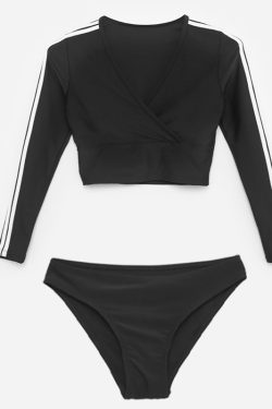 Black Long Sleeve Swimsuit Sexy Split Bikini for Small Chest - Slimming Beach Vacation Swimwear with Sun Protection