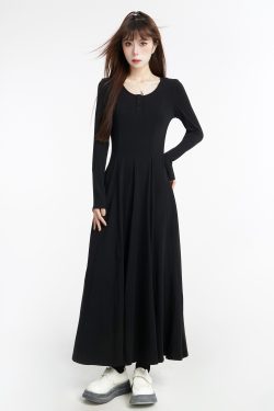 Black Long Sleeve U-Neck Knitted Dress for Women, Draped Long Skirt, 2025 Spring Fashion, Elegant Style
