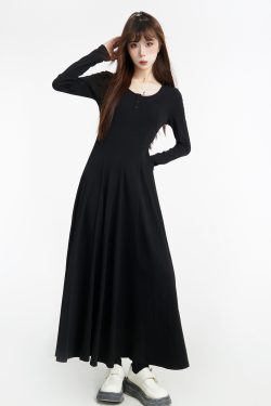 Black Long Sleeve U-Neck Knitted Dress for Women, Draped Long Skirt, 2025 Spring Fashion, Elegant Style
