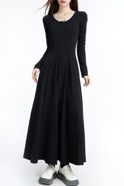 Black Long Sleeve U-Neck Knitted Dress for Women, Draped Long Skirt, 2025 Spring Fashion, Elegant Style