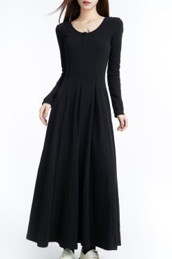 Black Long Sleeve U-Neck Knitted Dress for Women, Draped Long Skirt, 2025 Spring Fashion, Elegant Style