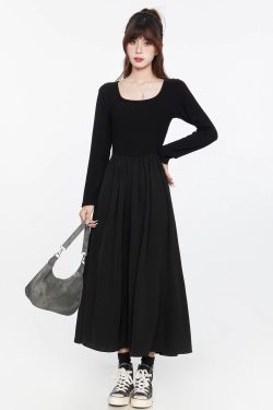 Black Long Sleeve V-Neck Dress with Spliced Knitted Flared Skirt for Women, Slimming Hepburn Style, 2025 Spring Autumn Fashion