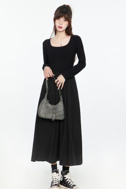 Black Long Sleeve V-Neck Dress with Spliced Knitted Flared Skirt for Women, Slimming Hepburn Style, 2025 Spring Autumn Fashion