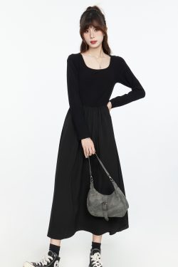 Black Long Sleeve V-Neck Dress with Spliced Knitted Flared Skirt for Women, Slimming Hepburn Style, 2025 Spring Autumn Fashion