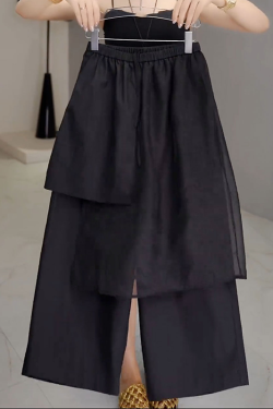 Black Mesh Spliced Casual Pants for Women - Summer Thin Straight Leg Skirt Pants, 2025 New Large Size for Petite, Y2K Style