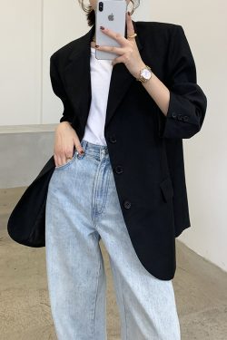 Black Oversized Casual Blazer for Women - Trendy Draped Loose Fit Suit for Spring and Autumn Fashion