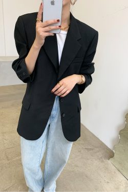Black Oversized Casual Blazer for Women - Trendy Draped Loose Fit Suit for Spring and Autumn Fashion