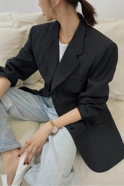 Black Oversized Casual Blazer for Women - Trendy Draped Loose Fit Suit for Spring and Autumn Fashion
