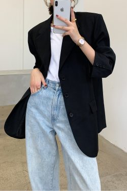 Black Oversized Casual Blazer for Women - Trendy Draped Loose Fit Suit for Spring and Autumn Fashion