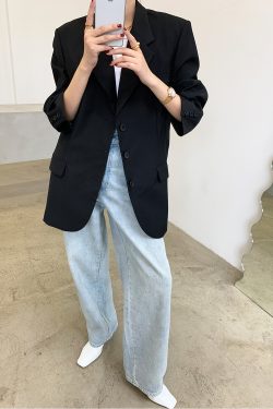 Black Oversized Casual Blazer for Women - Trendy Draped Loose Fit Suit for Spring and Autumn Fashion