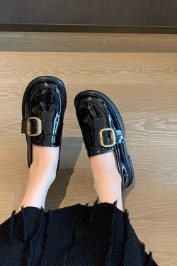 Black Patent Leather Slip-On Loafers for Women with Belt Buckle, Round Toe, Low Heel - Versatile Commuter Shoes