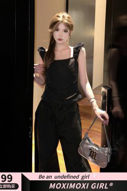 Black Pleated Short Vest Camisole for Women – Waist-Cinching, Slimming Summer Top with Versatile Floor-Length Flared Pants