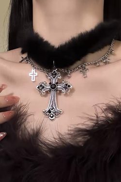 Black Plush Cross Necklace Y2K Gothic Choker Neck Chain for Girls | Subculture Collarbone Accessory
