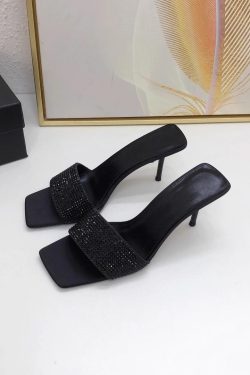Black Rhinestone Open-Toe High-Heeled Sandals for Women, Square Toe, Thin Heel, Sexy One-Strap Design, Summer 2023 Fashion