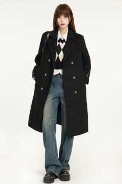 Black Shoulder-Padded Woolen Coat for Petite Women - 2025 Spring Slim Fit with High-End Feel