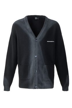 Black Spray Dye Logo Knitted Cardigan with Roaring Beast Design - Trendy Y2K Fashion for Stylish Layering