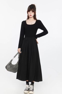 Black Square Neck Long Sleeve Dress for Women, Elegant Waist-Cinching Slimming Fit, Flared Skirt, Spring Autumn 2025 Fashion