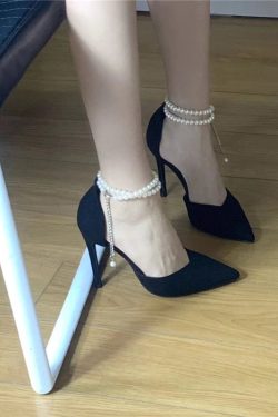 Black Suede Pointed Toe High-Heeled Sandals for Women - Elegant Single Strap with Pearl Detail, Autumn Winter 2024 Fashion