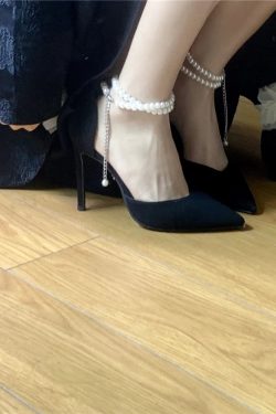 Black Suede Pointed Toe High-Heeled Sandals for Women - Elegant Single Strap with Pearl Detail, Autumn Winter 2024 Fashion
