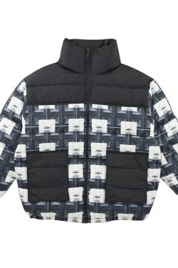 Black Symmetrical All-Over Print Down Jacket - Roaring Beast Design, Stylish Winter Outerwear, Trendy Streetwear