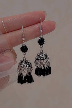 Black Tassel Ethnic Style Long Earrings for Women - Trendy 2025 Wind Chime Ear Clips, No Piercing Required, Boho Chic Accessory