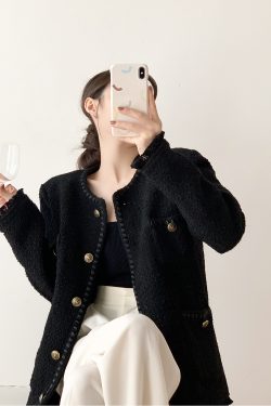 Black Tweed Loose-Fit Women's Coat, Elegant Slimming Design, Korean Style for Spring and Autumn Fashion